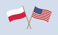 Poland and USA crossed flags on stick. Polish and American national symbols. Vector illustration